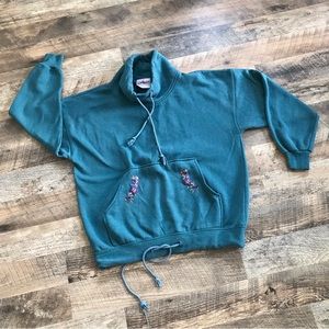 Vintage Chic Teal Embroidered Cowl Neck Sweater Small